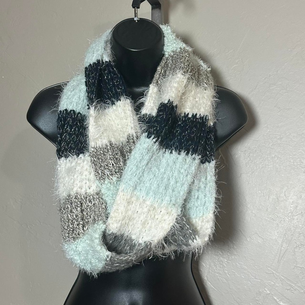 Striped knit infinity scarf blend of black, white, gray, & powder blue colors